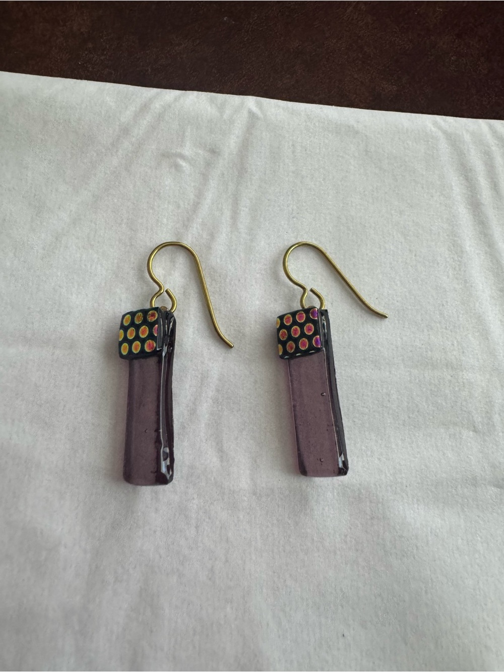 Purplish/blackish Glass Drop Earrings with Multicolor Dot Accents